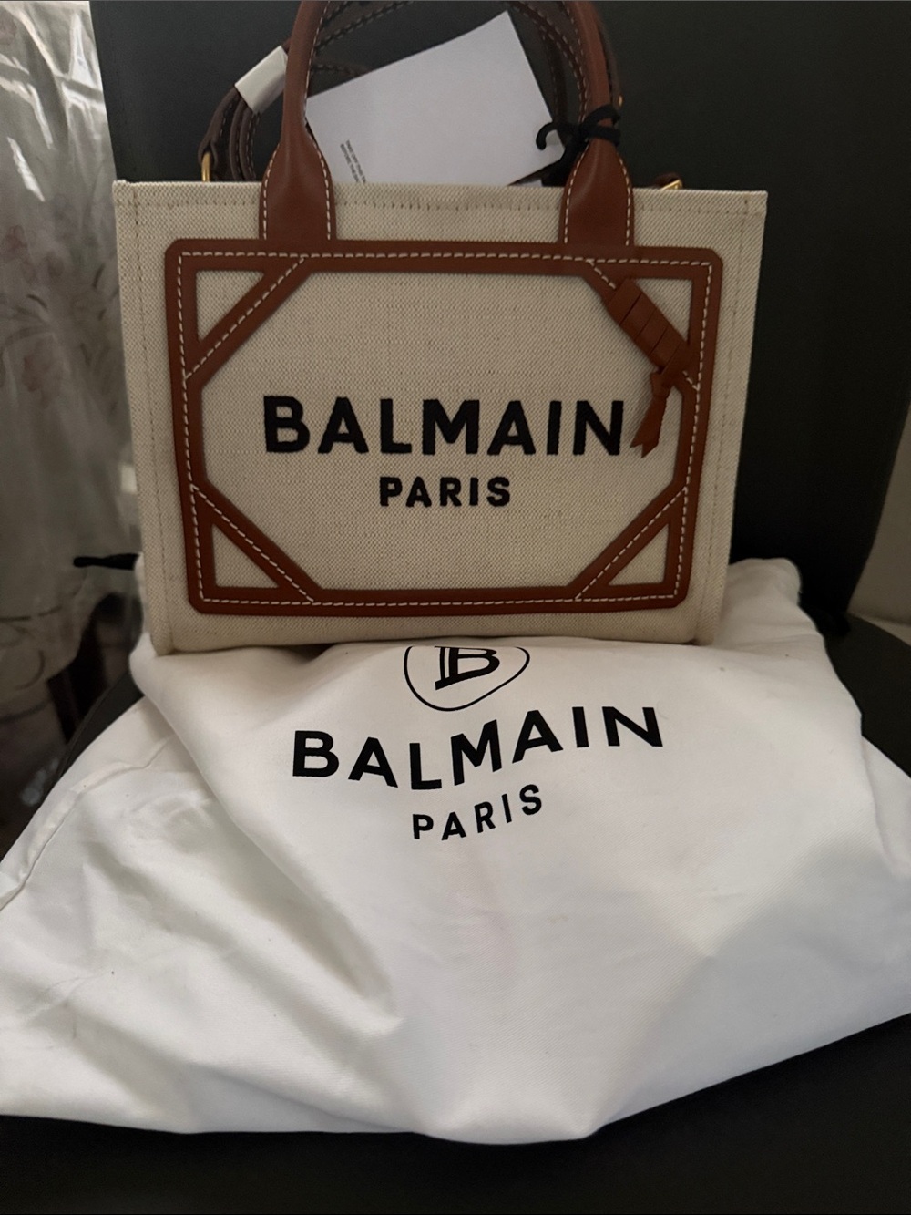 Balmain Canvas Tote with Brown Leather Trim